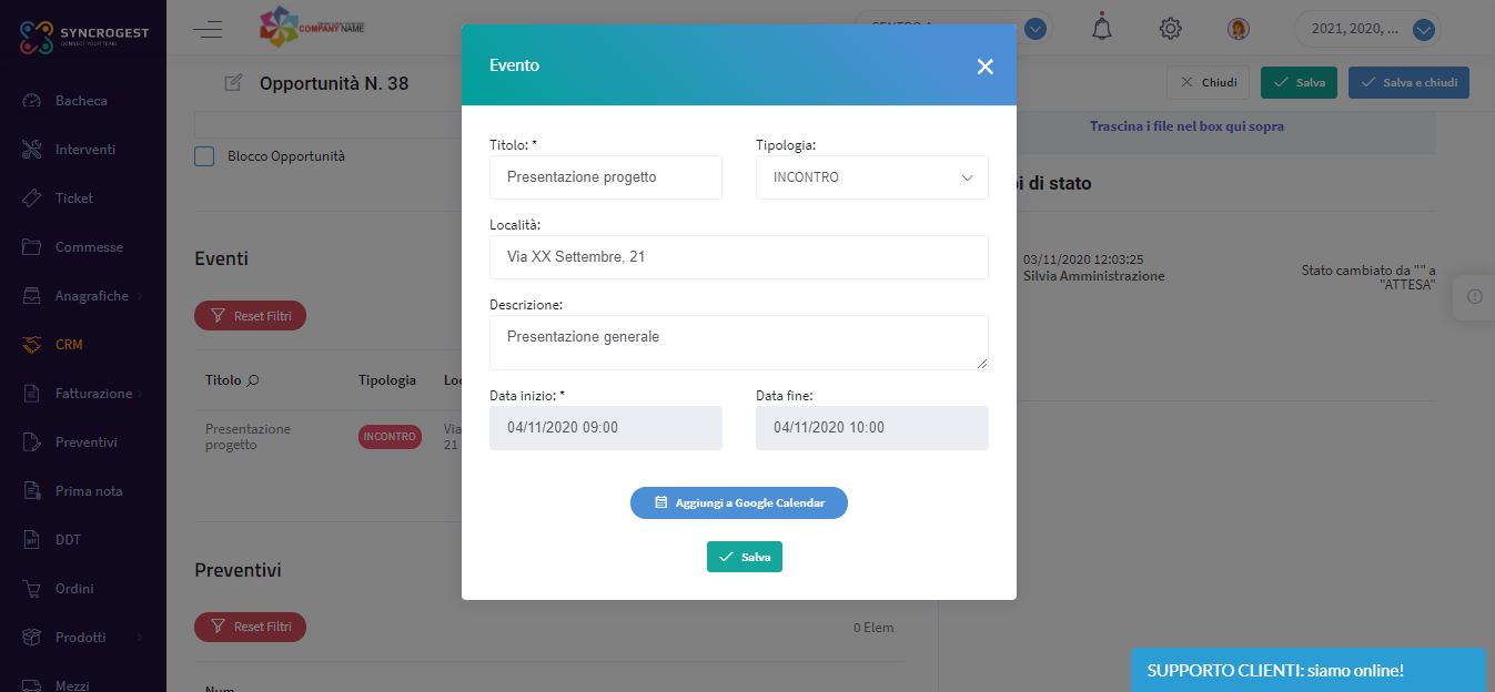 CRM aggiungi evento