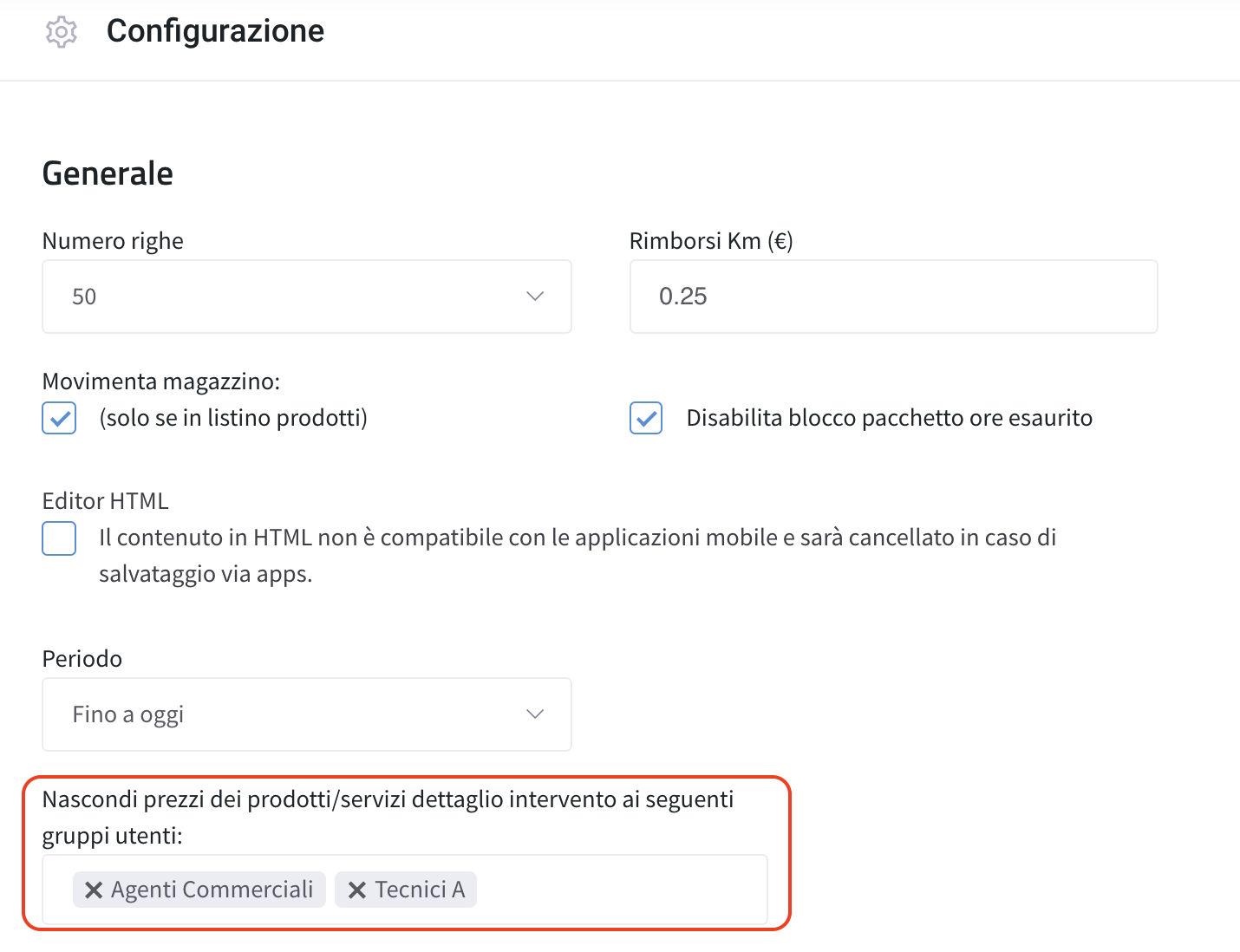 Nascondi prezzi in intervento agli utenti