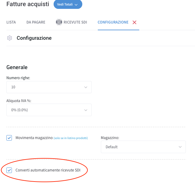 Config Fatture Acquisti Converti automaticamente da SDI