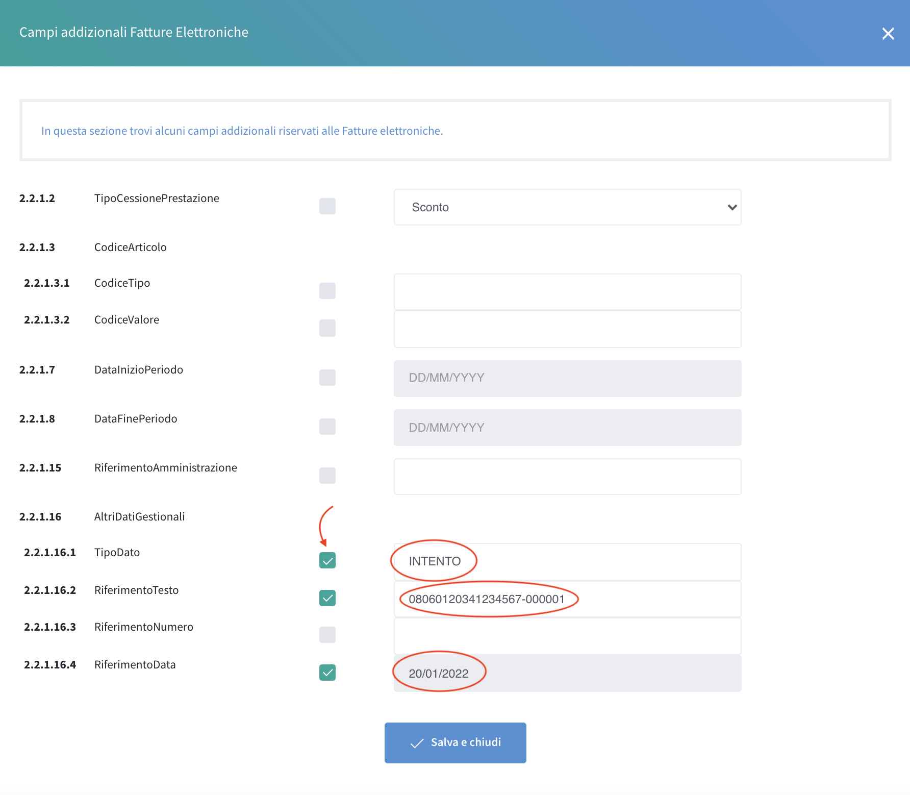 Esempio compilazione campi addizionali fattura elettronica in Syncrogest