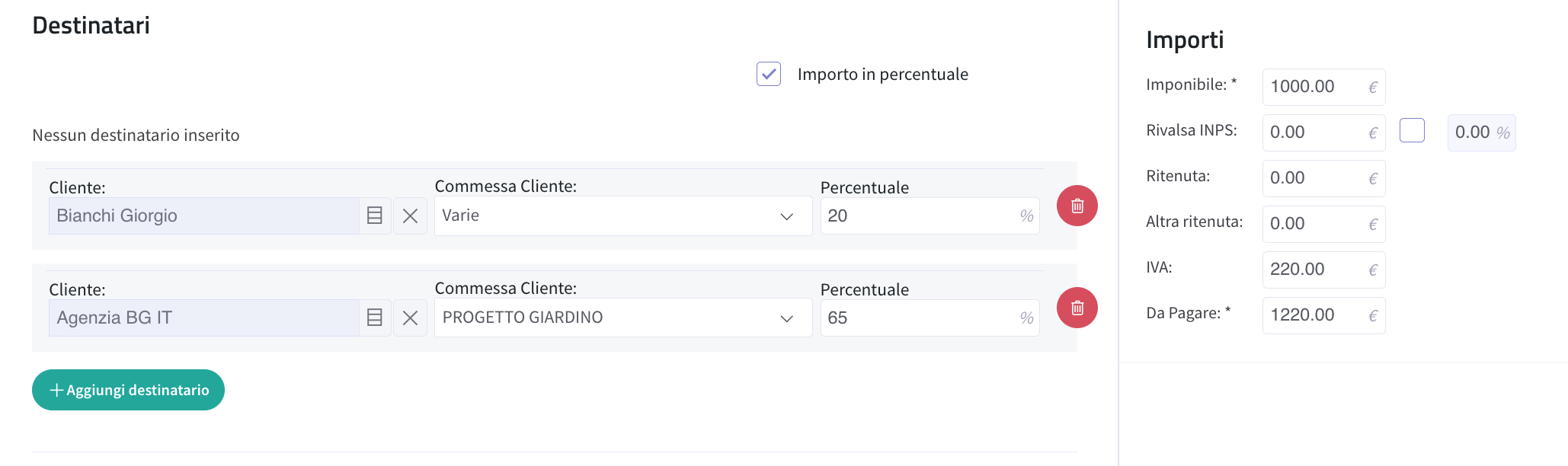 imputazione fattura d'acquisto in percentuale