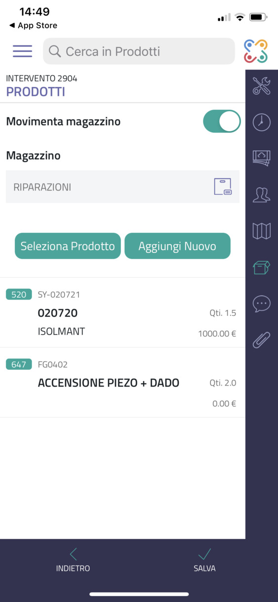 aggiunta di prodotti in intervento da app