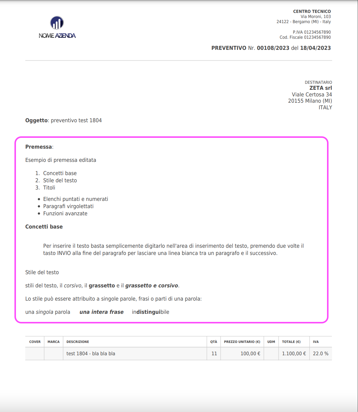 esempio di premessa con formatazzione del testo