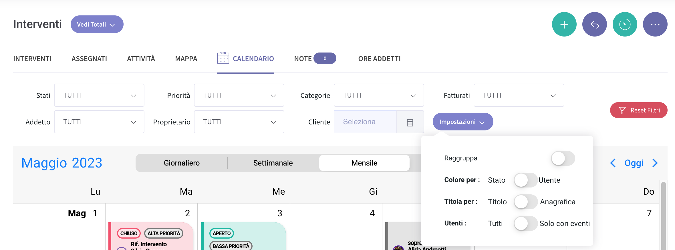 filtri del calendario