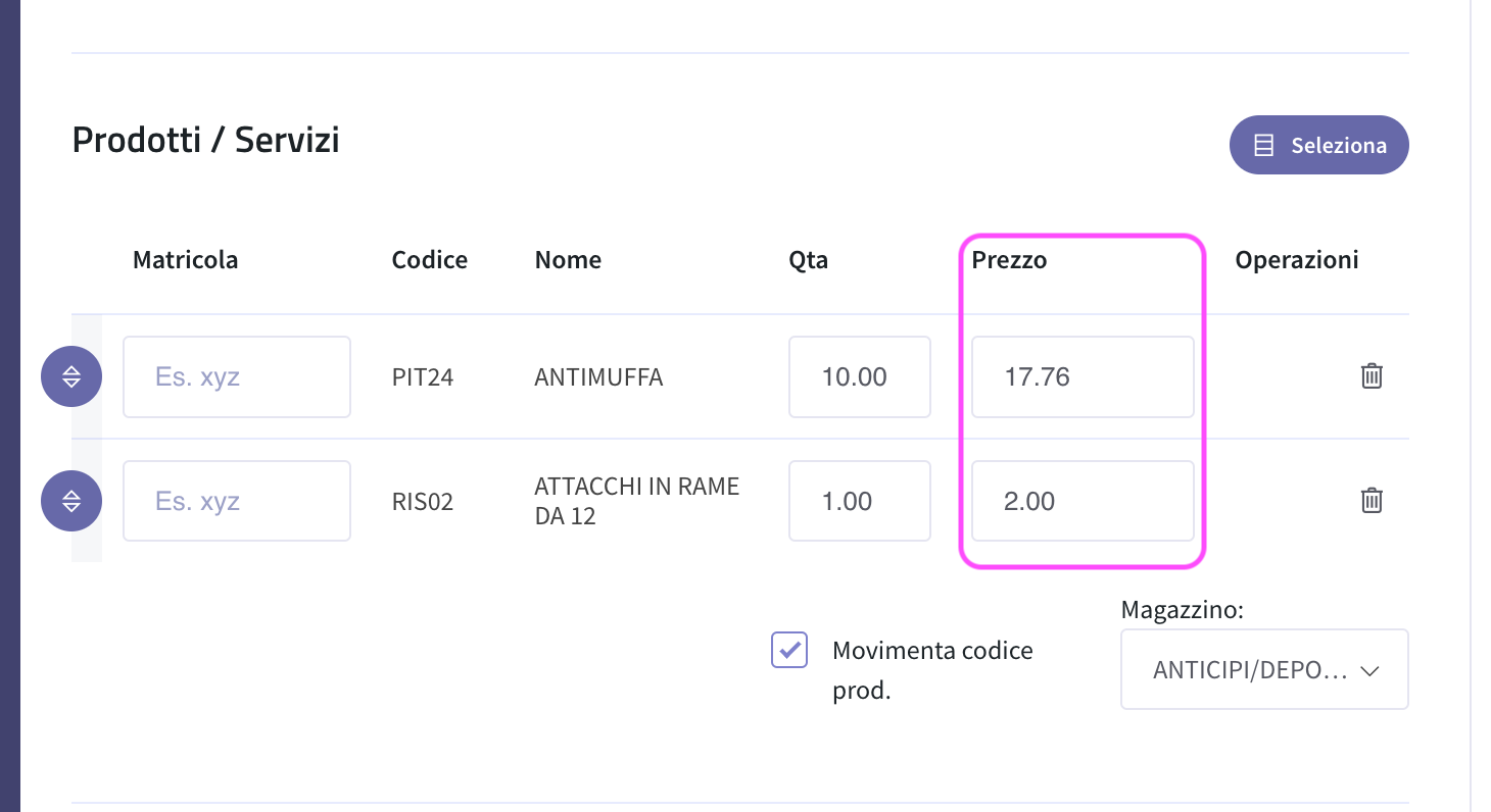 modificare prezzi attivo