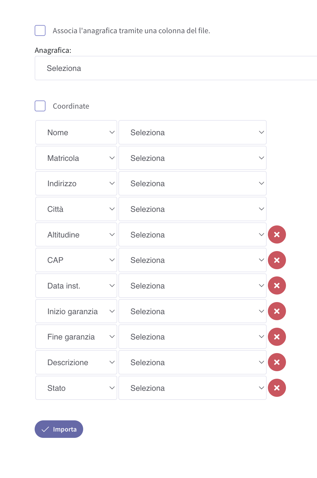 elenco campi import impianti