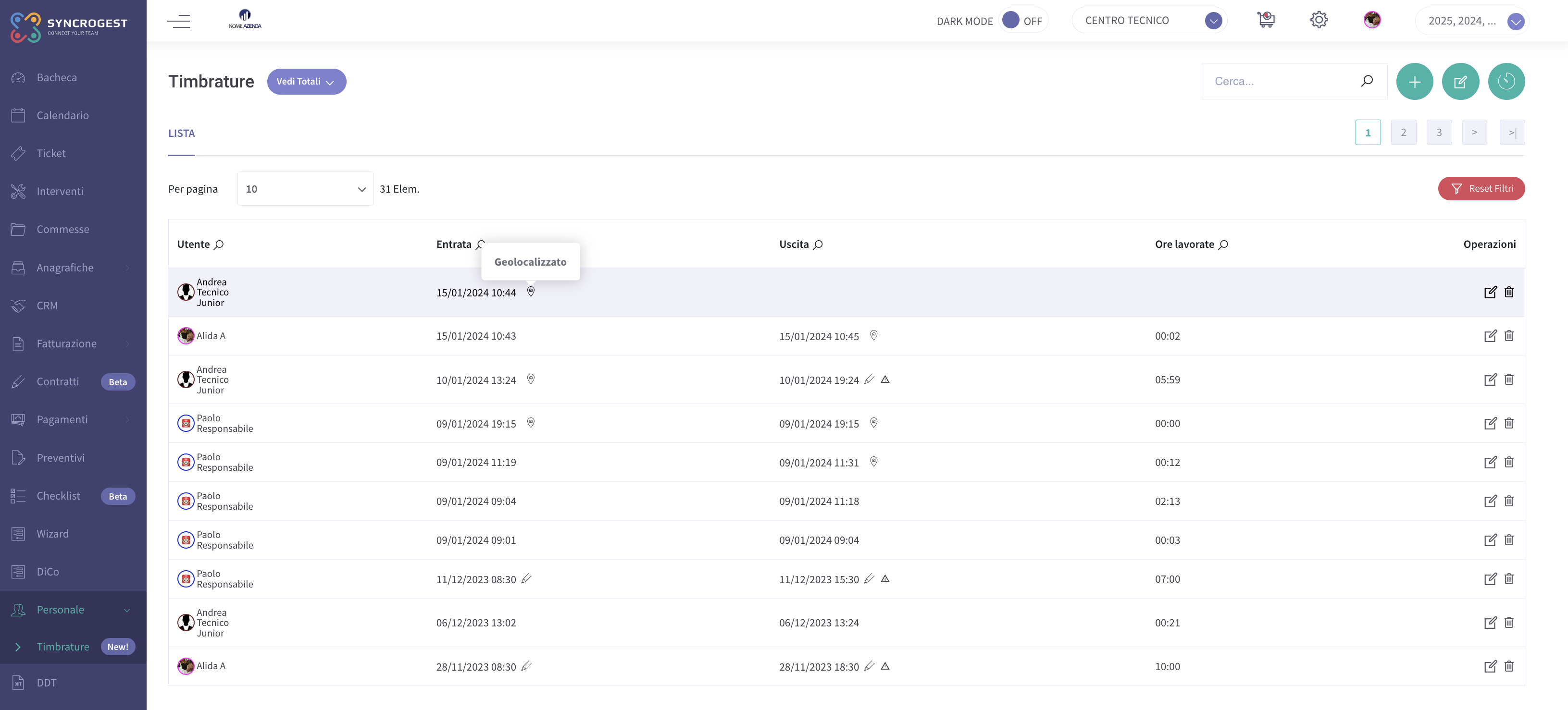 lista timbrature geolocalizzate