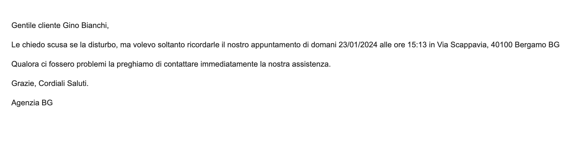 esempio di promemoria ai clienti via mail